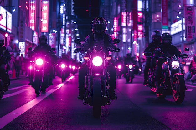 Photo a group of people riding motorcycles down a street with purple lights