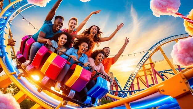 a group of people riding a roller coaster at the amusement park