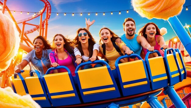 a group of people riding a roller coaster in front of a roller coaster