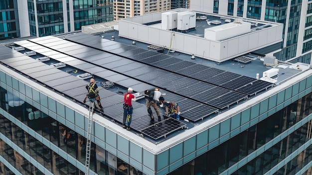 Photo a group of people on a roof with a ladder on top of it