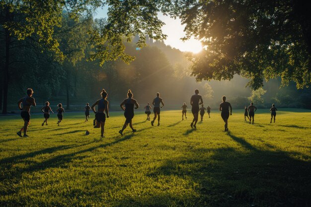 Photo a group of people running on a field with the sun shining through the trees