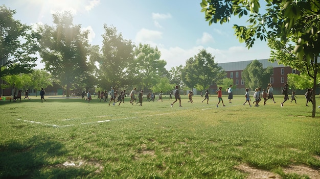 a group of people running in a field with a tree in the background