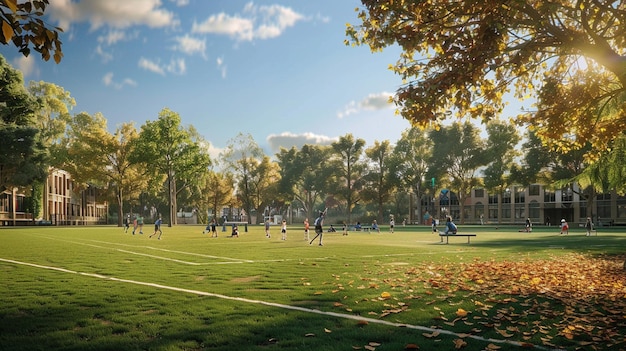 a group of people running on a field with trees in the background