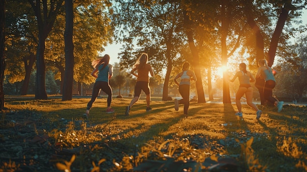 a group of people running in a park at sunset