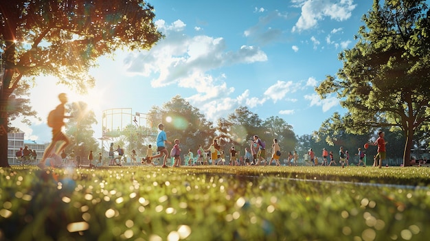 a group of people running in a park with the sun shining on the grass