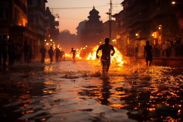 a group of people running through a street with fire on the ground