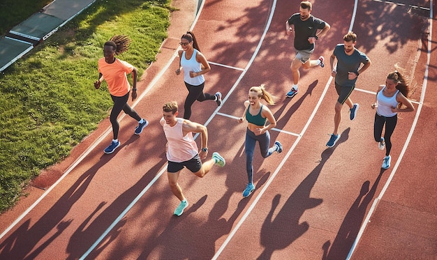 a group of people running on a track with the words  running  on it