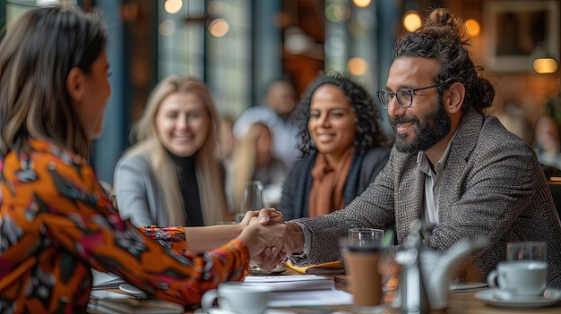 Photo a group of people shaking hands and smiling at each other sitting around the table in an office setting with coffee cups on it