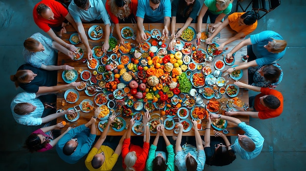 Photo a group of people sharing a meal at a community center representing social support networks