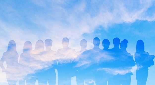 Group of people silhouette on sky background. Human Resources. Global network. Diversity.