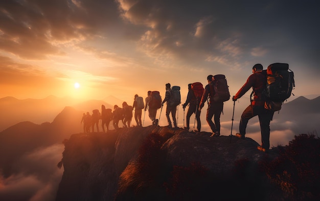 Group of people silhouettes on peak mountain climbing help each other concept