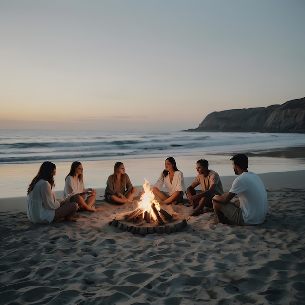 Photo a group of people sit around a campfire on the beach