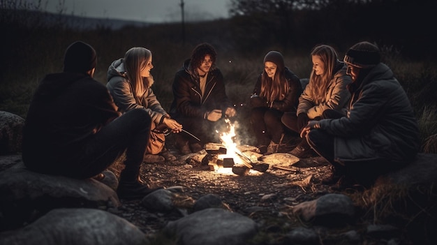 A group of people sit around a campfire and enjoy the night.