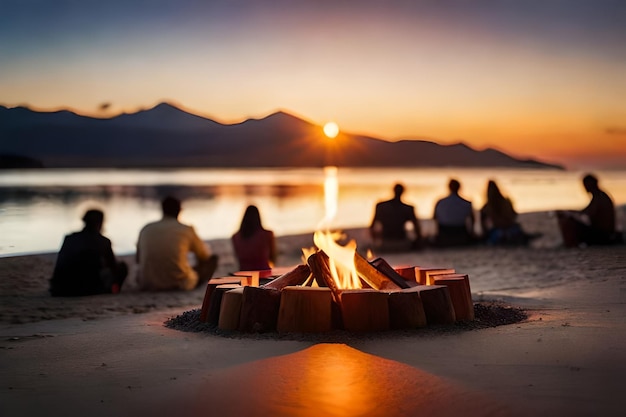 A group of people sit around a campfire at sunset.