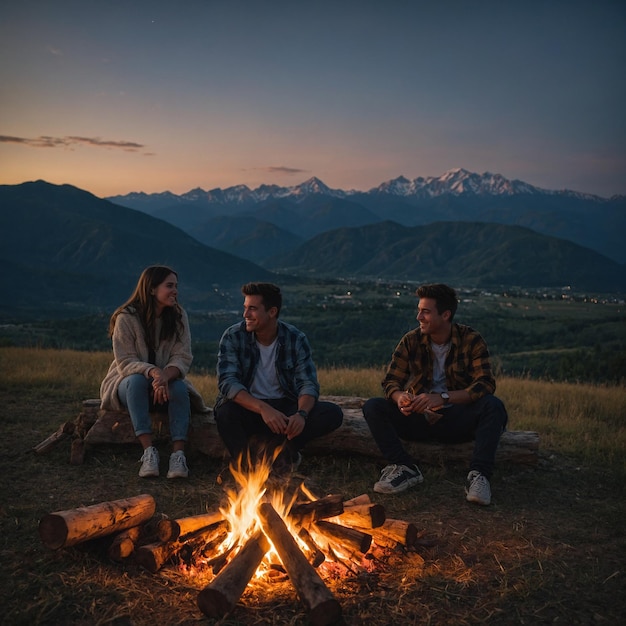 a group of people sit around a campfire with mountains in the background