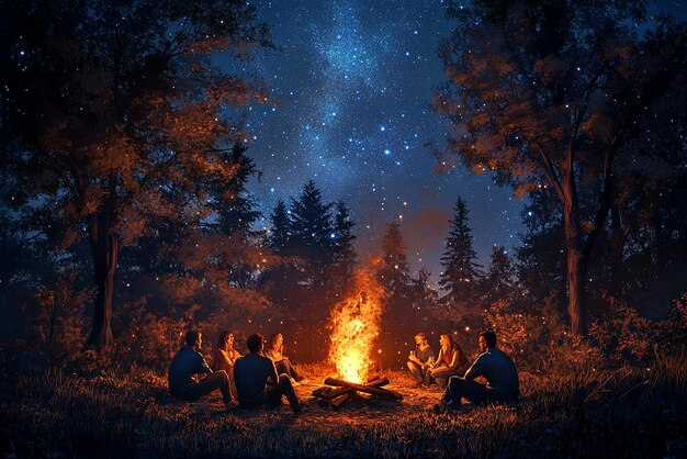 a group of people sit around a campfire with the stars in the background