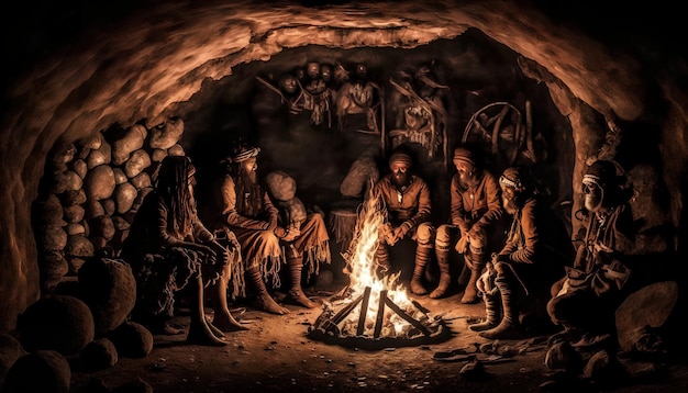 A group of people sit around a fire in a cave.