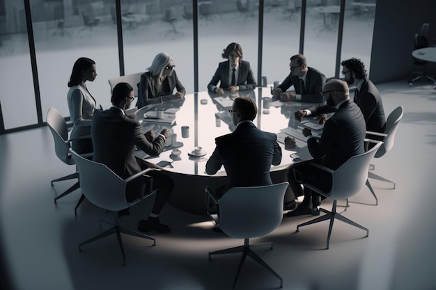 A group of people sit around a round table in a conference room.