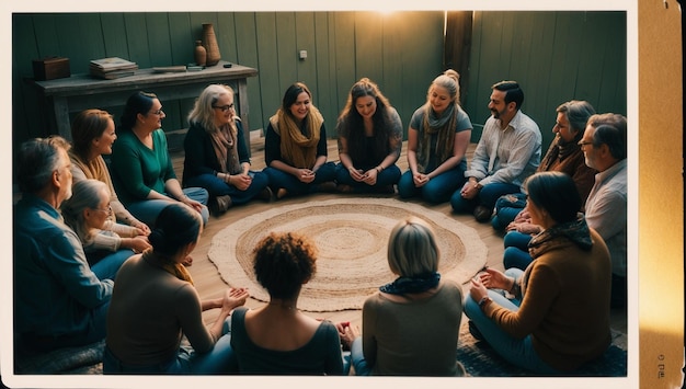 a group of people sit around a round table with a round circle around them