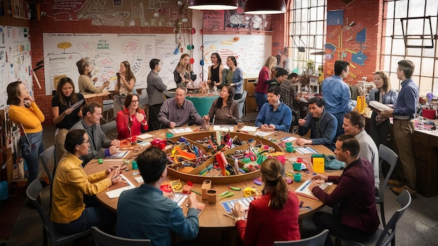 a group of people sit around a round table with a sign that says  the word  on it