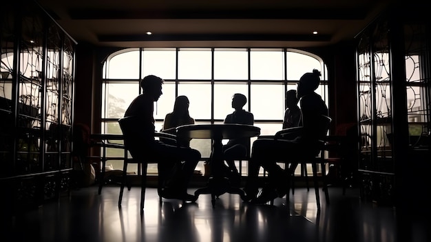 A group of people sit around a table in a dark room with a large window behind them.