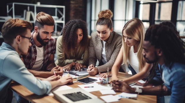 A group of people sit around a table, discussing ideas.