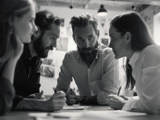 Photo a group of people sit around a table discussing or working together