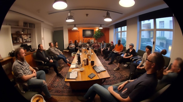 A group of people sit around a table, one of them is wearing a shirt that says'the word'on it '