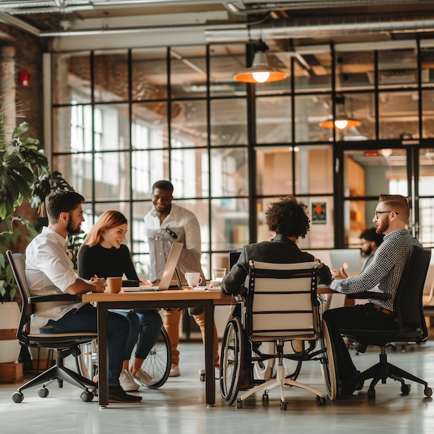 a group of people sit around a table and talk