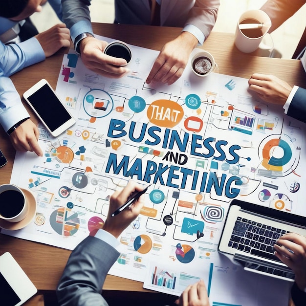 a group of people sit around a table with a board that says business and marketing