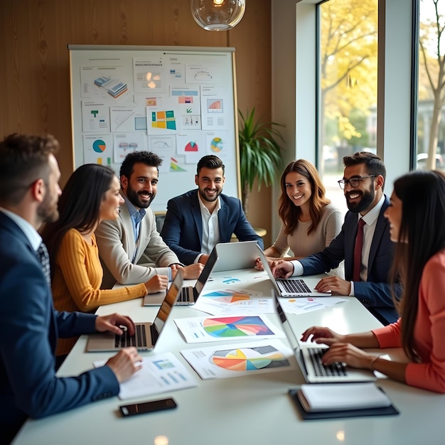 a group of people sit around a table with a board with charts on it