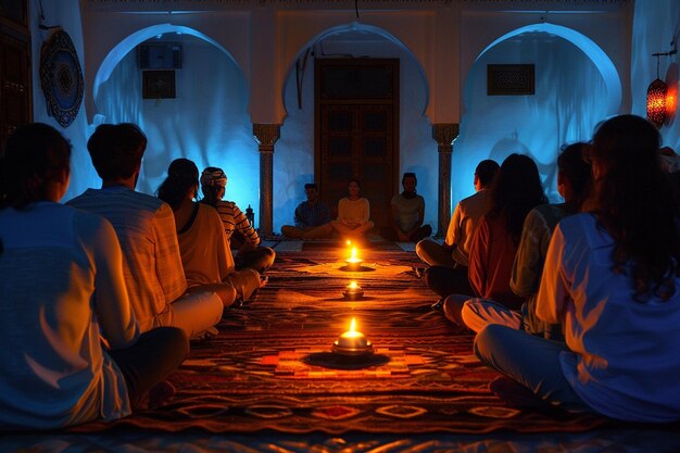 a group of people sit around a table with a candle in front of them