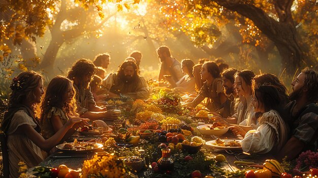 a group of people sit around a table with food and flowers