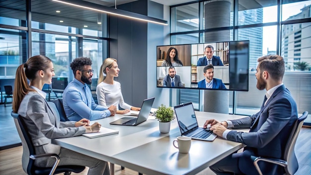 a group of people sit around a table with laptops and a picture of them