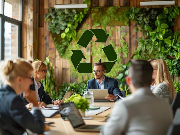 Photo a group of people sit around a table with laptops and a sign that says  recycle