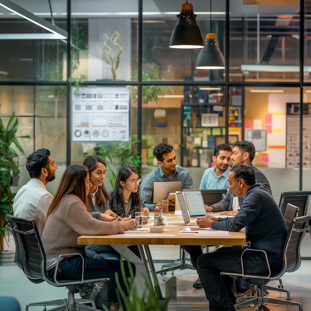 a group of people sit around a table with laptops and a sign that says  w  on it