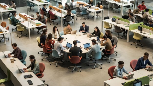 a group of people sit around a table with laptops and the words  no