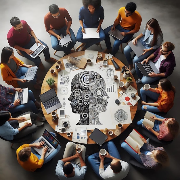 a group of people sit around a table with a large picture of a human face They generate new ideas