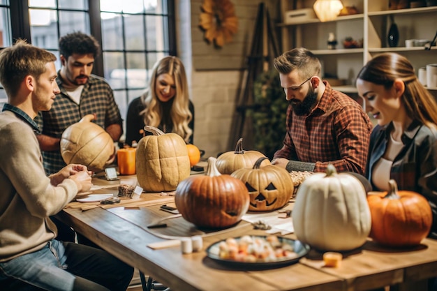 a group of people sit around a table with pumpkins and gourds