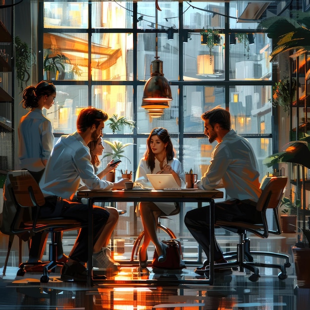 a group of people sit around a table with a window behind them