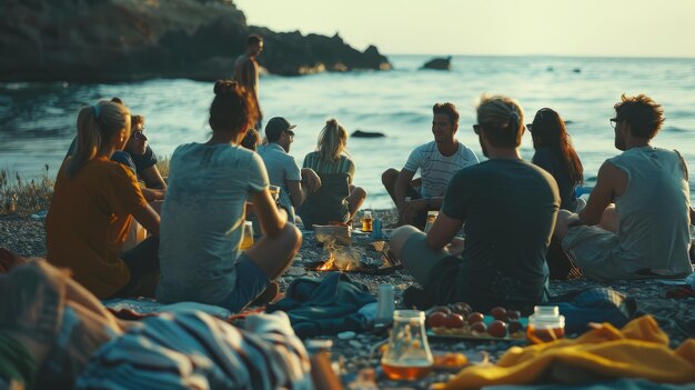 Photo a group of people sit on a beach one of which has a lot of people sitting around