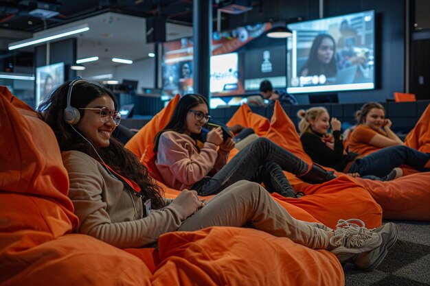 a group of people sit on a bed with headphones on