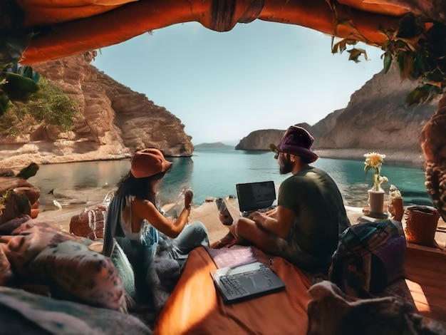 Photo a group of people sit on a bed with laptops and a mountain in the background