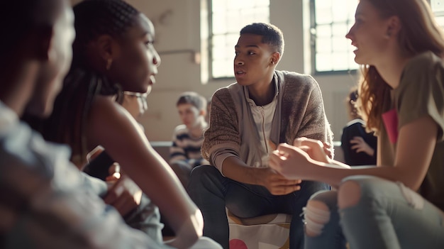 Photo a group of people sit in a classroom one of them is wearing a sweater that says  no