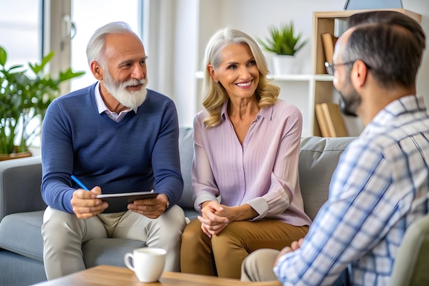 a group of people sit on a couch one of them is holding a tablet with a man and a woman looking at