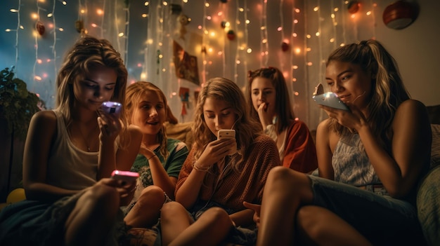 A group of people sit on a couch, one of them is using their phones.