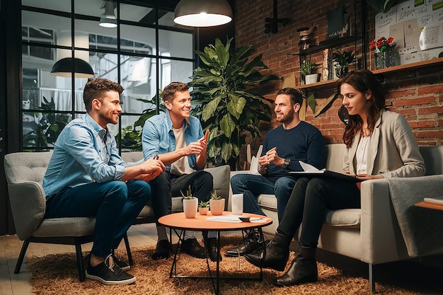 a group of people sit on a couch one of which has a coffee cup on it