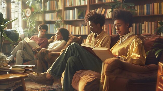 Photo a group of people sit on a couch and read a book