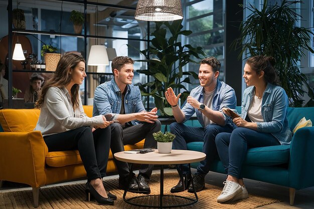 a group of people sit on a couch and talk to each other