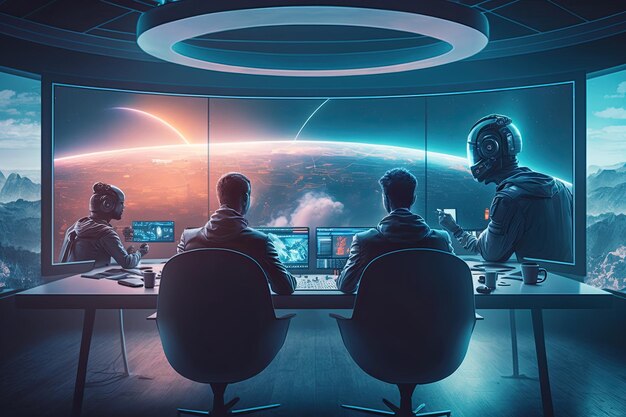 A group of people sit at a desk in front of a planet with a planet in the background.